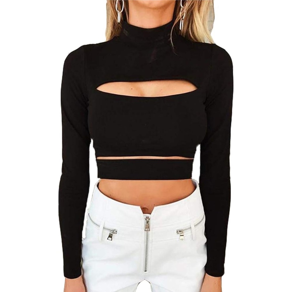 Cyberpunk Black Long Sleeve Cutout Goth Strappy Keyhole Turtleneck Crop Shirt